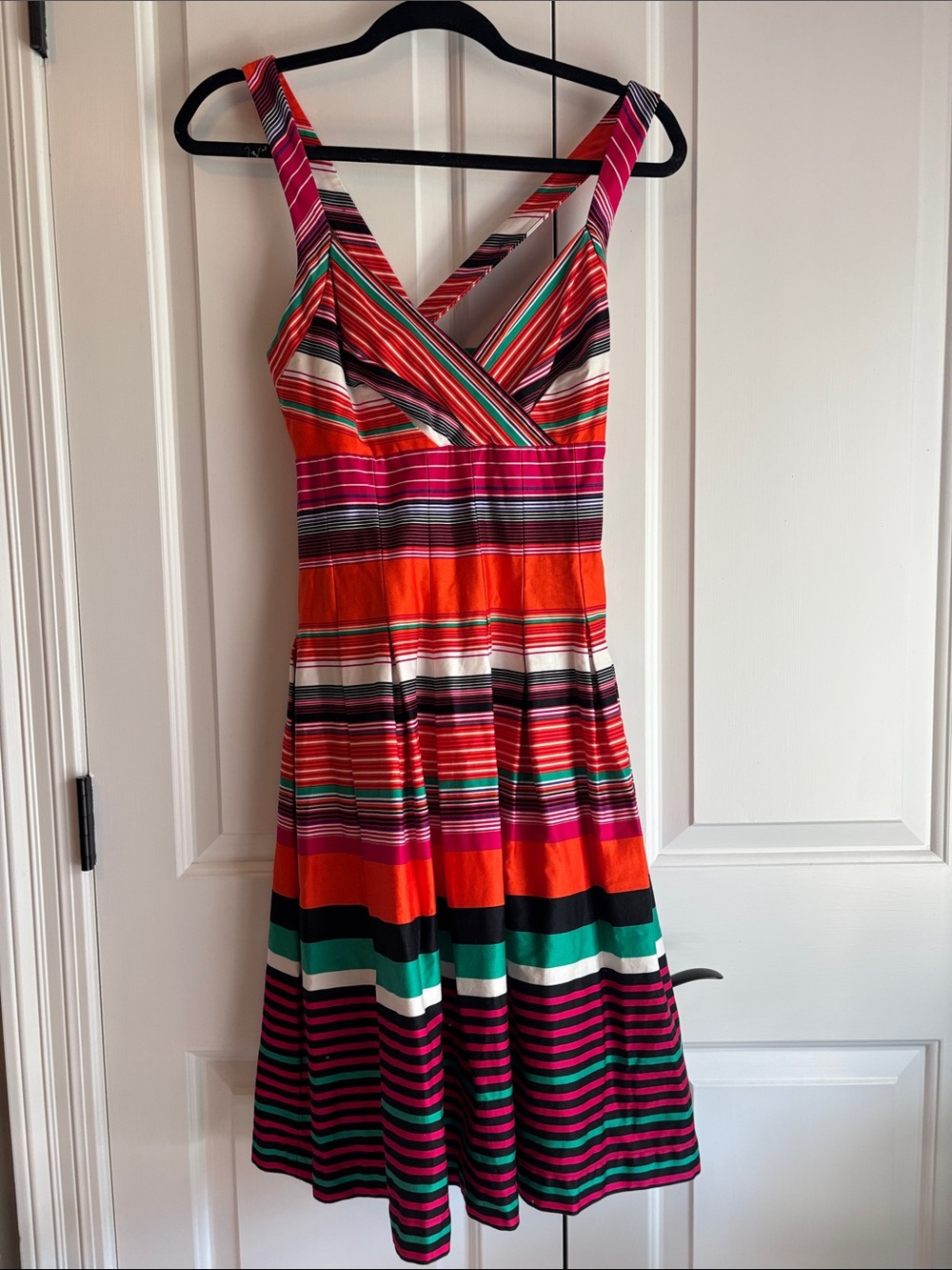 Calvin Klein Striped V-Neck Midi Dress in Red, Pink & Green